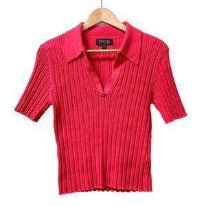 VINTAGE Y2K Bright Coral Lipstick Pink Ribbed Knit Polo Top Lettuce Edge
